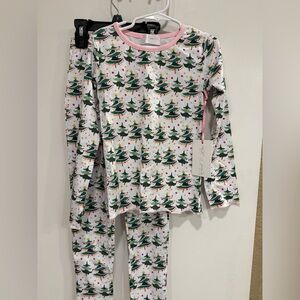 Cecil and Lou brand Kids White Christmas Tree Print Pajama Set with Pink Trim
